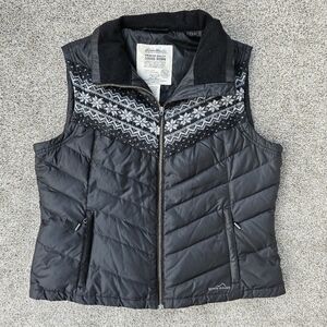 Eddie Bauer Premium Goose Down Black Fair Isle Vest Warm Coat Women's Size XL